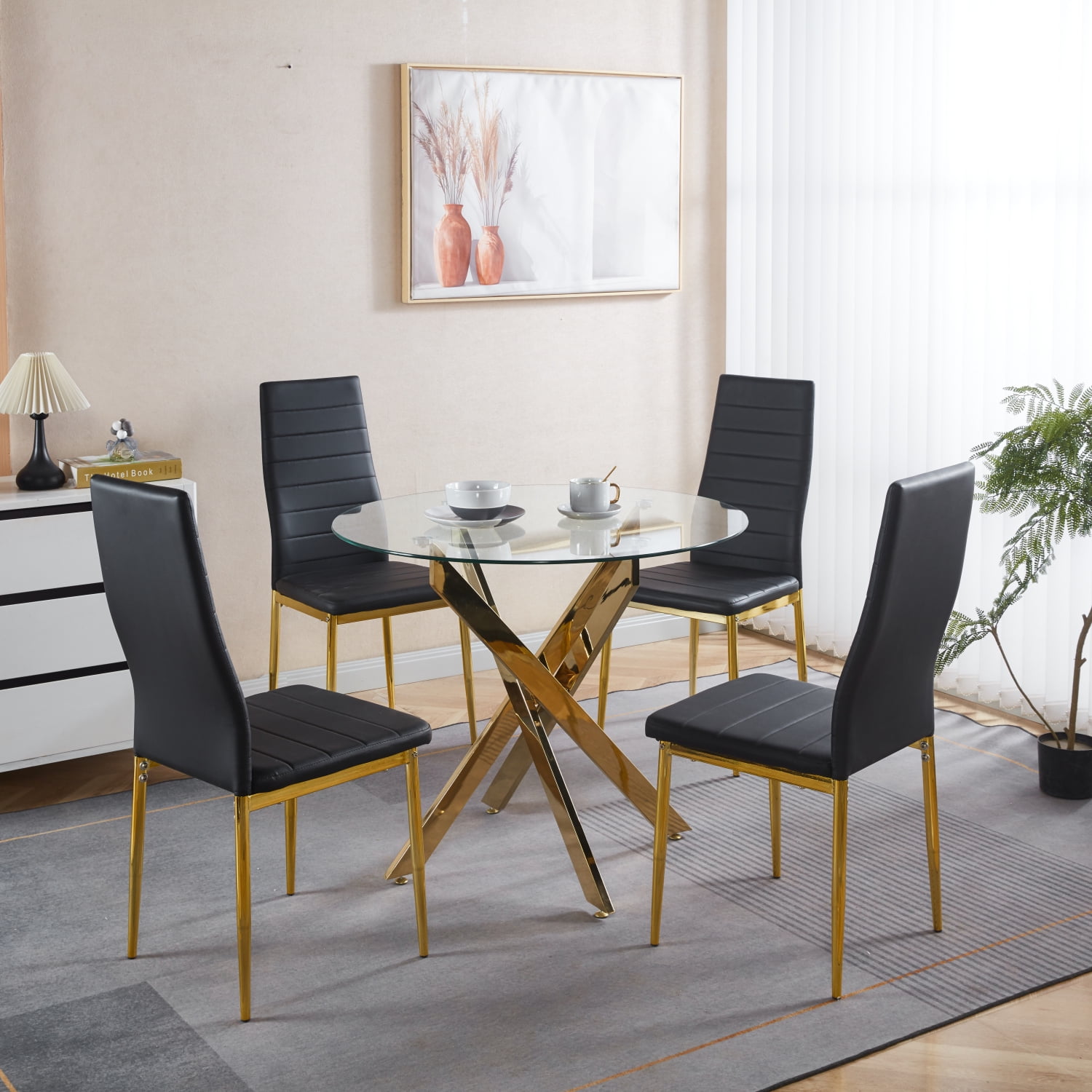 Lisonu 5-Piece Modern Dining Set, Round Glass Top Pedestal Table with 4 ...
