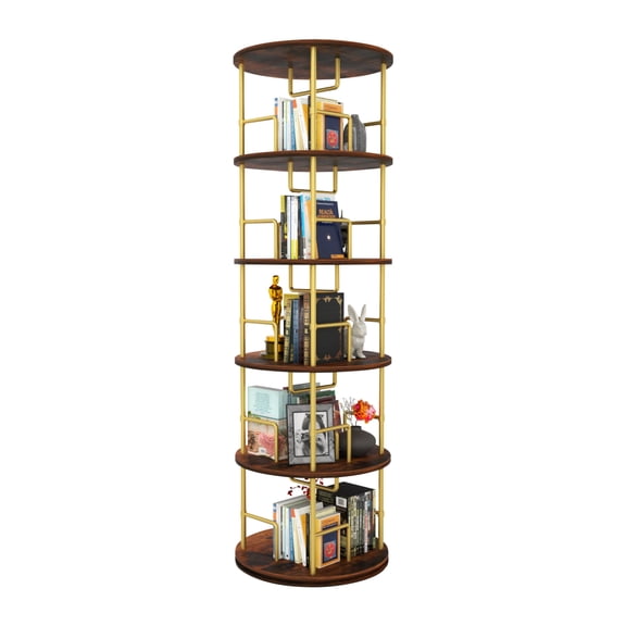 Lisonu 5-Tier Rotating Bookshelf, 63" Tall 360° Spinning Bookcase Tower, Modern Round Display Shelf with Modular Design for Living Room & Office, Gold & White