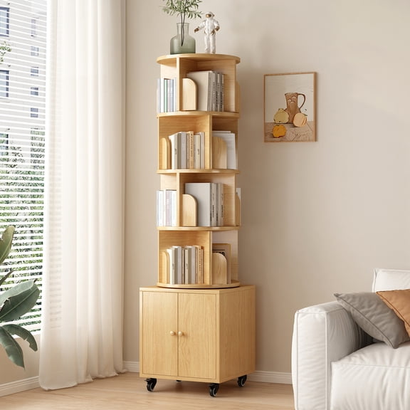 Lisonu 5 Tier Rotating Bookshelf with Drawer, 360 Degree Revolving Corner Bookcase, Narrow Book Shelf Organizer, MDF, for Small Space Living Room, Natural Wood