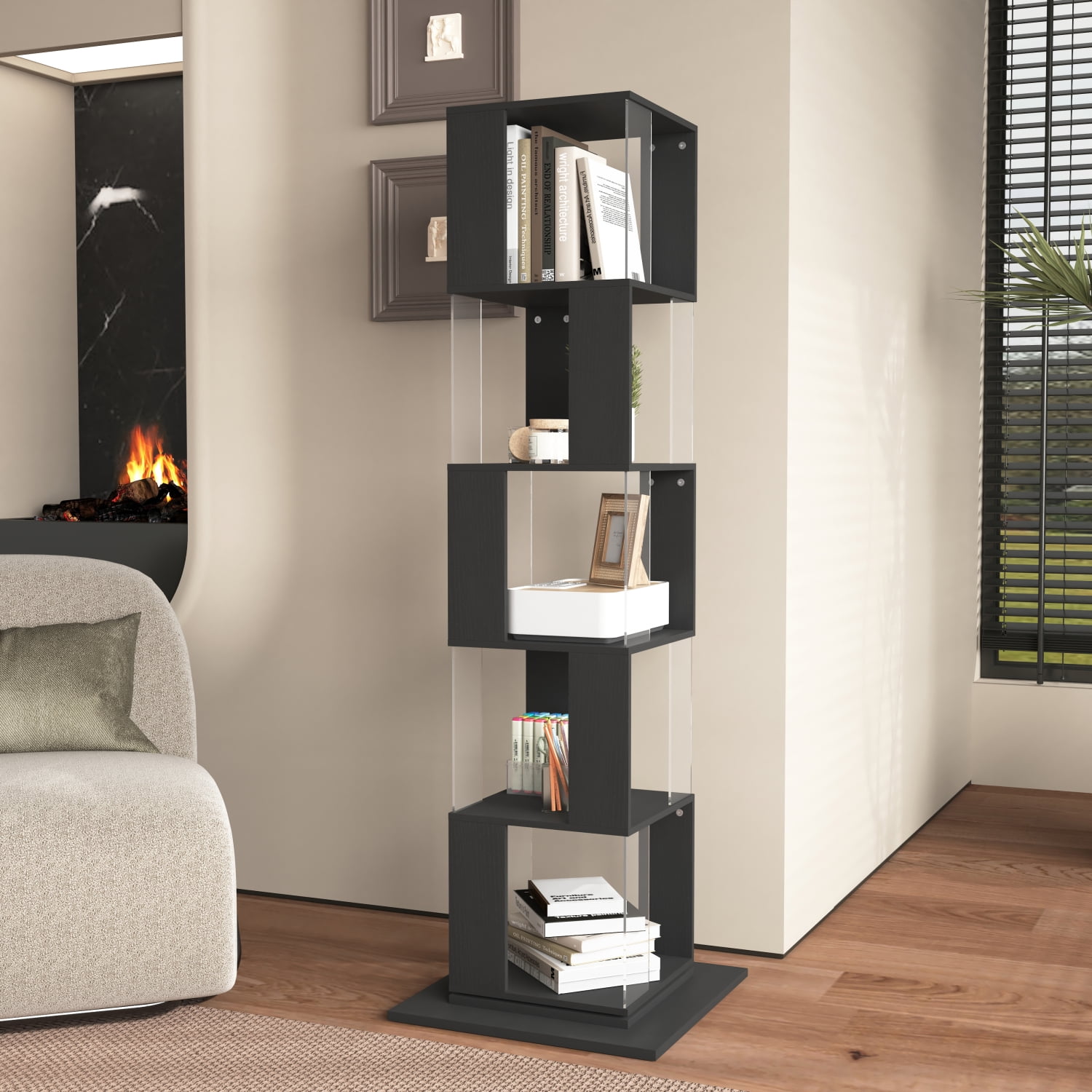 Lisonu 5-Tier Rotating Display Shelf, Modern Round Bookcase with Clear ...
