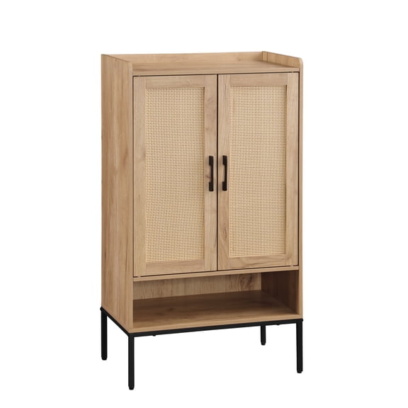 Lisonu 5-Tier Shoe Cabinet with Rattan Doors, Modern Shoe Storage Organizer with Open Shelves, Freestanding Wood Shoe Rack for Entryway, Particle Board, Black & Natural