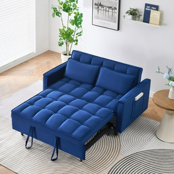 Lisonu 55-inch Convertible Sofa Bed, 3-in-1 Velvet Loveseat Sleeper for Small Spaces, Futon Couch for Apartment, Blue