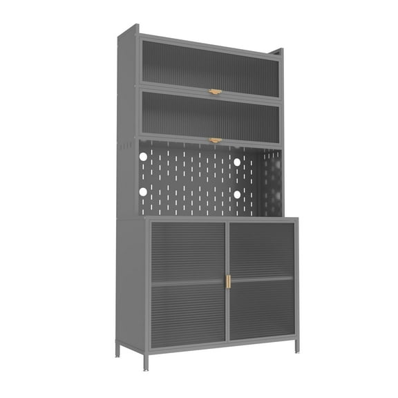 Lisonu 6-Level Metal Pantry Cabinet with Flip Doors, 73.62" Tall Kitchen Storage with Hazy PC Boards, Grey Utility Cabinet with 8 Hooks & Cable Management, for Bathroom Living Room
