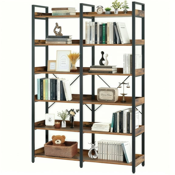 Lisonu 6-Tier Industrial Bookshelf, 68.7" Tall Metal Frame Bookcase with X-Brace, Freestanding Etagere Display Shelves, Brown
