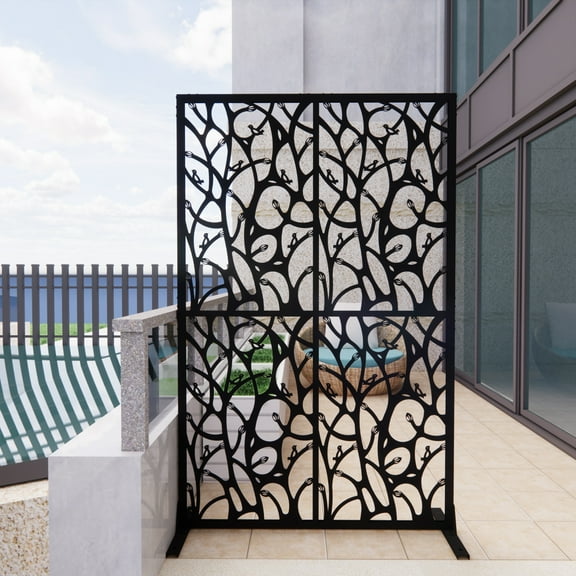 Lisonu 6'x4' Outdoor Privacy Screen, Decorative Metal Art Panel with Bird Design, Free-Standing Galvanized Steel Divider for Patio, Black