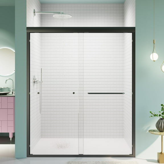 Lisonu 60" x 72" Semi-Frameless Double Sliding Shower Door, Matte Black Bypass Tub Door with 1/4" Tempered Glass & Towel Bar Handle