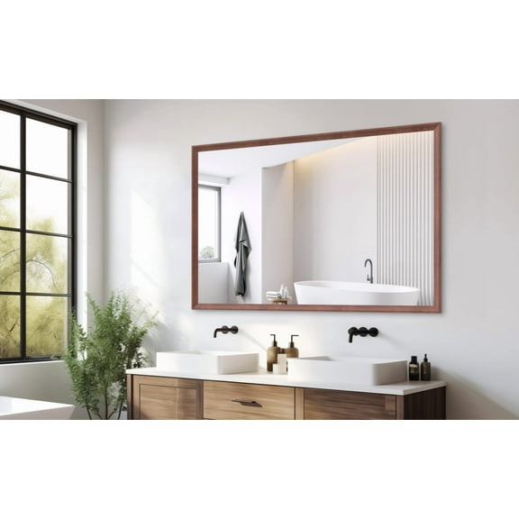 Lisonu 60x40 Inch Large Wall Mirror, Oversized Rectangle Mirror with Walnut-Finish Aluminum Frame for Bathroom Vanity, Living Room, or Entryway, Hangs Horizontal or Vertical