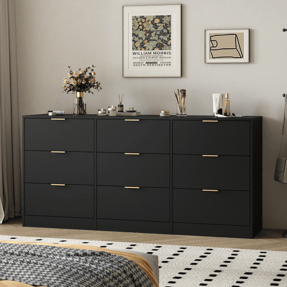 Lisonu 63 in Black 9-Drawer Dresser — Large Deep Chest of Drawers for Bedroom Storage, Particle Board Construction with Gold Handles, Wide Top for Display & TV, Easy Assembly