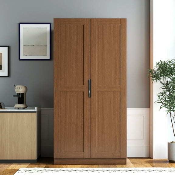 Lisonu 63" Tall Kitchen Pantry Cabinet, Freestanding Food Storage Cupboard with 17 Shelves and Doors, Walnut