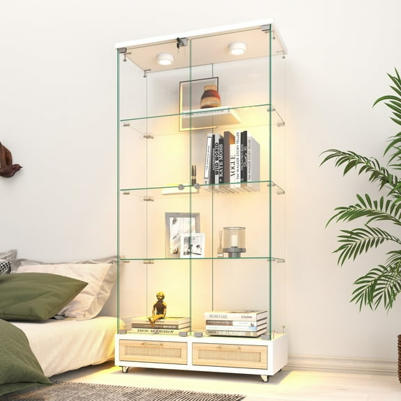 Lisonu 66" Display Cabinet with 2 Drawers & LED Lights, Versatile Glass Bookshelf Showcase with 4 Shelves for Living Room, White & Natural