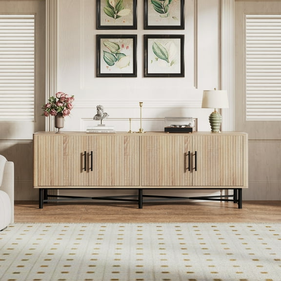 Lisonu 66" TV Stand for TVs up to 65", Modern Industrial Media Console with Metal Legs, Natural Woodgrain Entertainment Center with 4 Doors