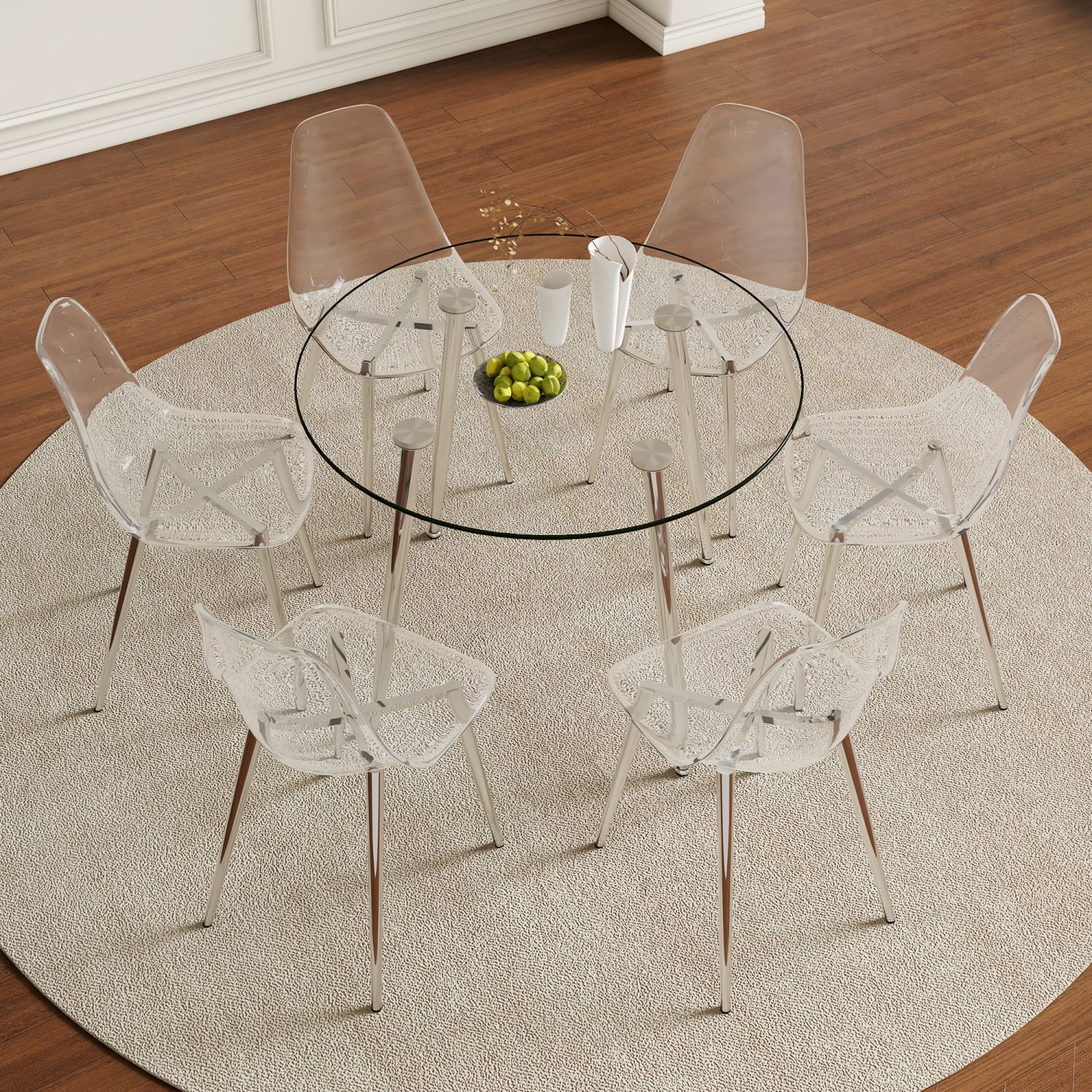 Lisonu 7-Piece Modern Dining Set, Round Glass Table with
