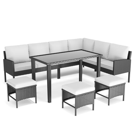 Lisonu 7-Piece Space-Saving Patio Dining Set, All-Weather Wicker Outdoor Furniture with 6 High-Back Chairs & Glass Table, Gray