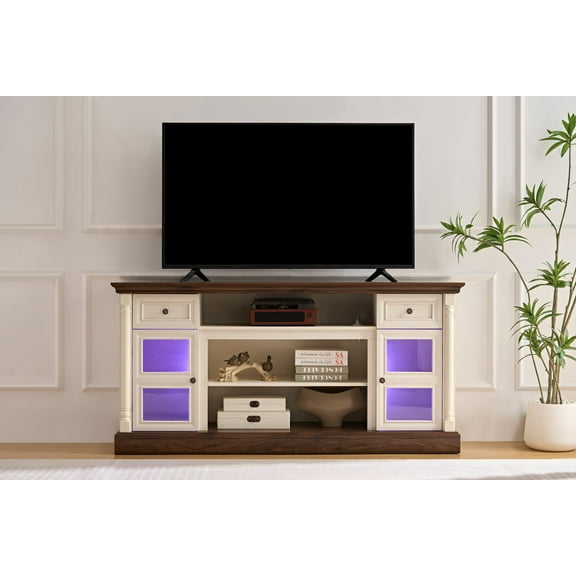 Lisonu 70" Fireplace TV Stand for TVs up to 80 Inches, Farmhouse Entertainment Center with LED Mood Lighting & Storage Cabinets, White & Walnut