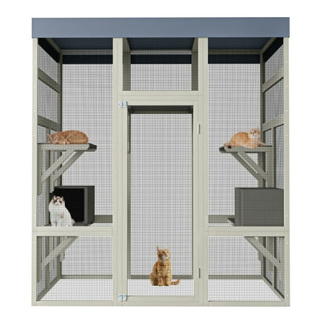 Lisonu 70" Outdoor Wooden Catio, Large Cat Enclosure with Waterproof Roof, 2 Houses & Platforms, Secure Wire Pet Cage for Multiple Cats, Gray