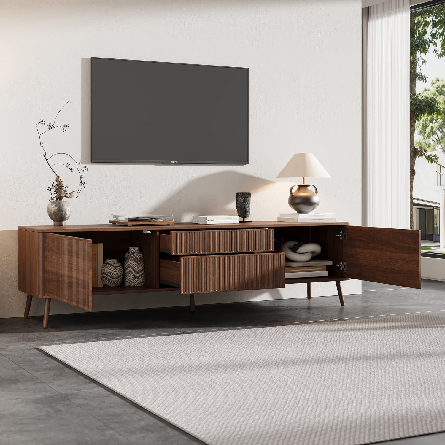 Lisonu 70 inch Fluted TV Stand for TVs up to 80" Walnut Entertainment — free download