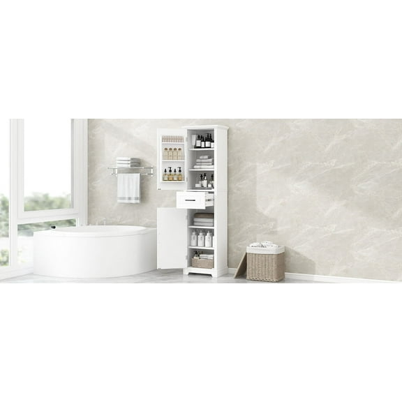 Lisonu 72.5" Tall Bathroom Storage Cabinet with Adjustable Shelves, White Freestanding Linen Tower with Two Doors, Drawer and Door Shelves, Water-Resistant MDF for Bathroom Organization