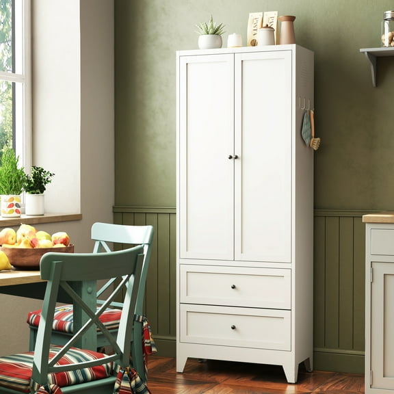Lisonu 72" Tall Metal Pantry Cabinet, Freestanding Kitchen Storage Cabinet with 2 Drawers & Adjustable Shelves, Heavy-Duty Steel Organizer for Laundry Room & Pantry, White