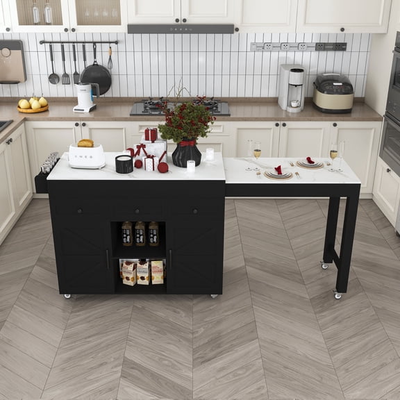 Lisonu 74.8" Extendable Kitchen Island with Marble Veneer Top & Built-in Power Outlet — Space-Saving Rolling Kitchen Cart with Mobile Storage, Drawers & Cabinet, Black