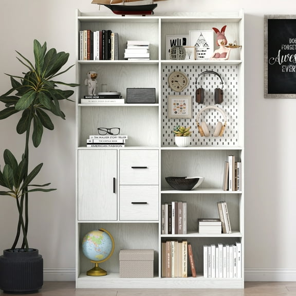 Lisonu 79" Tall Modern Bookcase, 9-Shelf Display Bookshelf with 3 Drawers, Wide Wood Storage Unit for Living Room, White