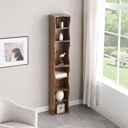 Lisonu 8-Tier Tall Bookcase, 71" Slim Bookshelf with Adjustable Shelves, Decorative Wavy Border, Modular MDF Display Shelf for Small Spaces, Walnut