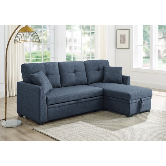 Lisonu 83" Sectional Sofa Bed with Storage, L-Shaped Pull-Out Sleeper Sofa for Small Living Room, Polyester Fabric Couch, Blue
