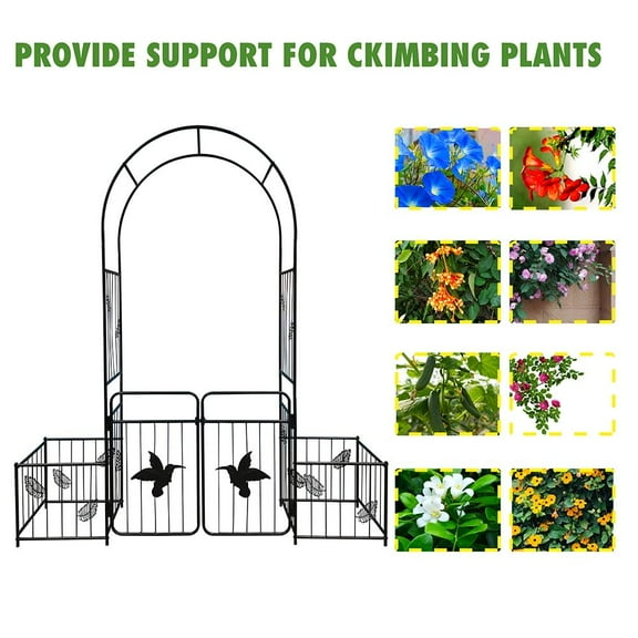 Lisonu 87-Inch Metal Garden Arch with Gate, Tall Arbor Trellis for Climbing Plants, Roses, and Vines, Durable Outdoor Archway for Yard & Pathway, Black