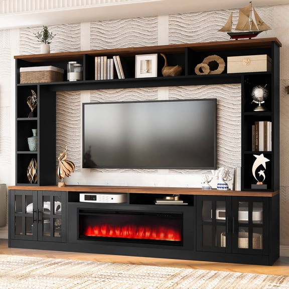 Lisonu 95.5" W Wall Unit Entertainment Center with 39.4" Electric Fireplace for TVs up to 80" — Modern Farmhouse TV Stand Media Console with Bookshelves & Tempered Glass Cabinets