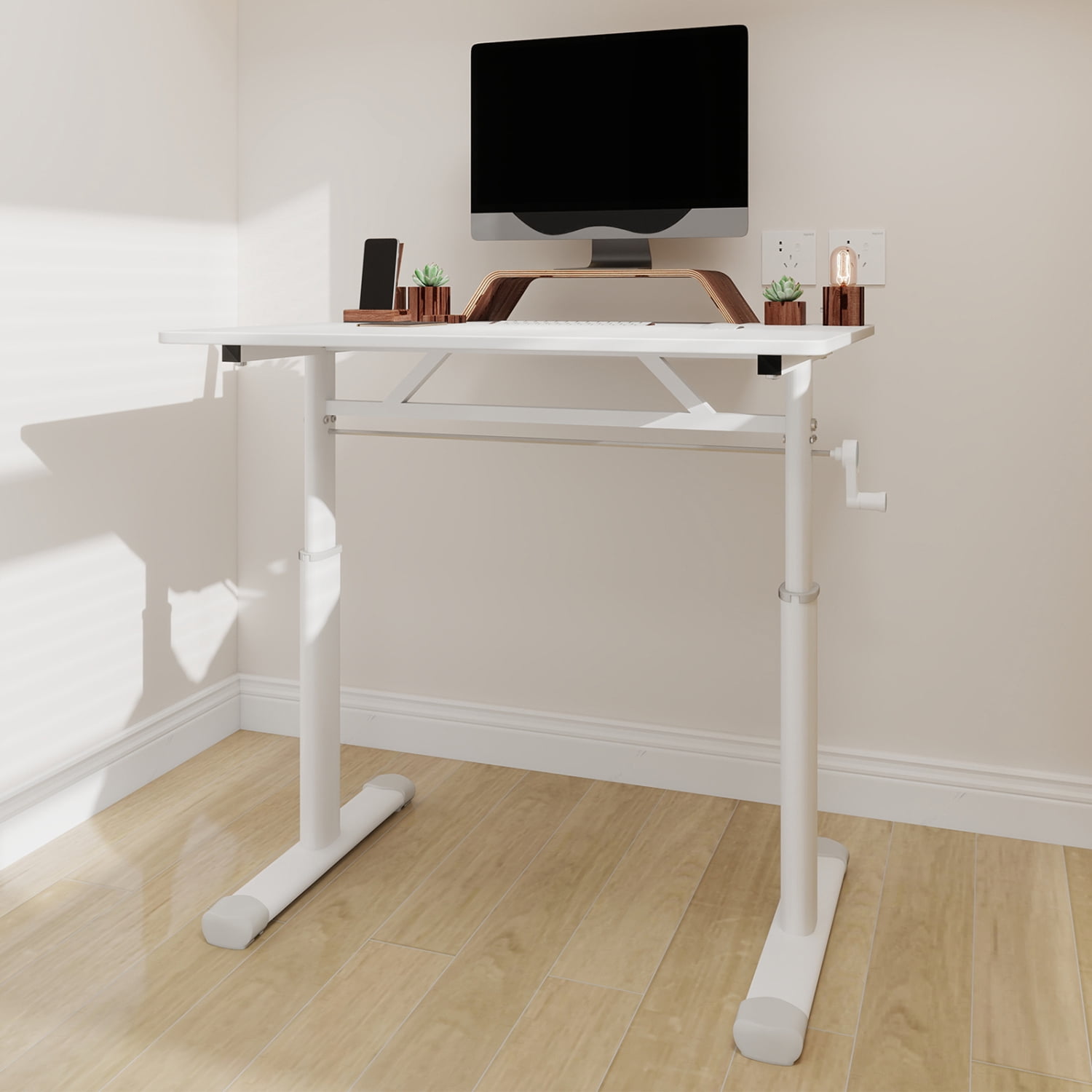 Lisonu Adjustable Standing Desk, Manual Hand Crank Sit-Stand Workstation, 33x24 Inch Home Office Computer Desk, Ergonomic Height-Adjustable Study Table, White Wood and Iron Frame