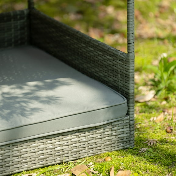 Lisonu All-Weather Outdoor Dog Bed with Canopy, Elevated PE Wicker Pet Bed with Washable Cushion for Patio & Backyard Protection, Dark Gray