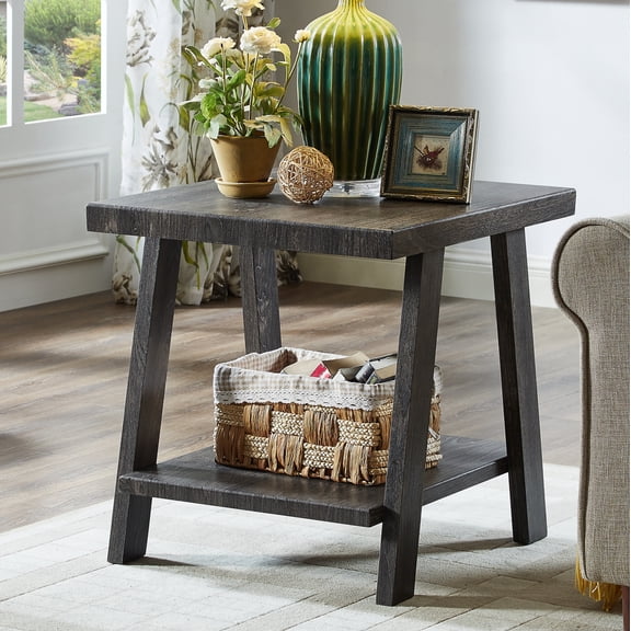 Lisonu Athens Contemporary End Table, Wood Side Table with Storage Shelf and A-Frame Legs, Charcoal Wood Grain Finish