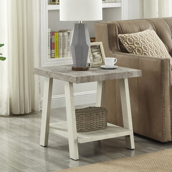 Lisonu Athens Two-Tone End Table, Contemporary Wood Side Table with A-Frame Legs and Shelf, Weathered Gray and Beige