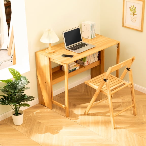Lisonu Bamboo Folding Desk 36 in — Space-Saving Wall Foldable Computer Desk with Reinforced Steel Hinges, Natural Bamboo Surface, Compact Study Table for Apartment, Dorm & Home Office