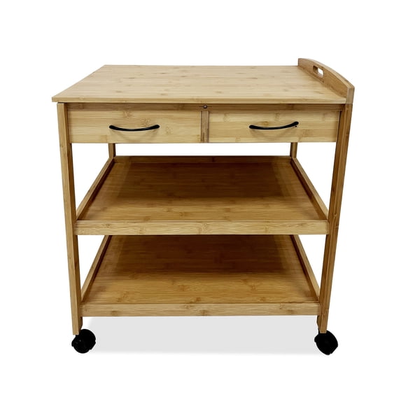 Lisonu Bamboo Kitchen Cart on Wheels, Rolling Island Trolley with Drawer and 2 Shelves, Natural Wood Utility Cart for Extra Storage & Prep Space