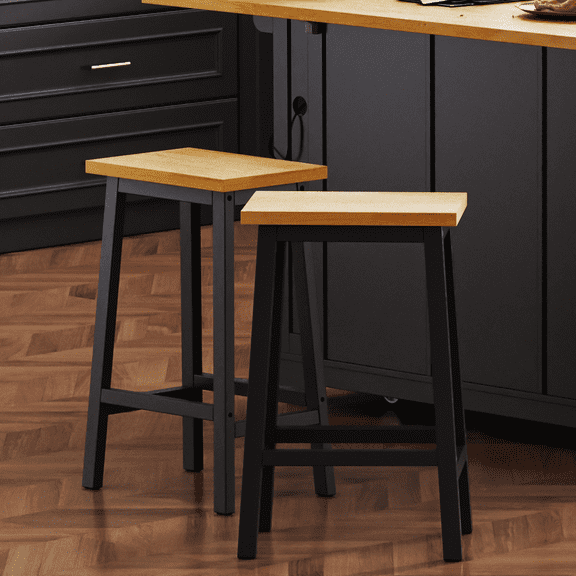 Lisonu Bar Stools Set of 2, 25.6" Counter Height Solid Wood Stools, Backless Farmhouse Kitchen Chairs with Footrest for Dining Room Island, Black and Brown