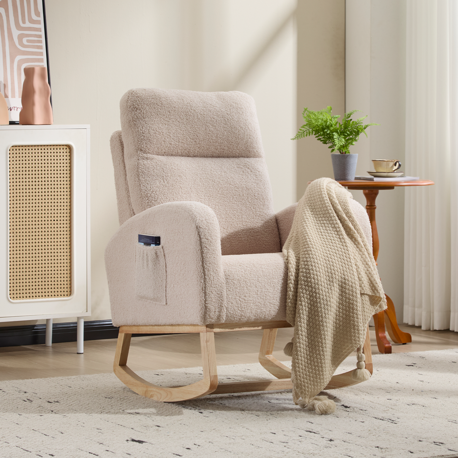 Lisonu Beige Upholstered Rocking Glider Chair with Solid Wood Legs, High Backrest & Side Pocket — Modern Accent Lounge Armchair for Living Room & Nursery (Teddy Fabric)