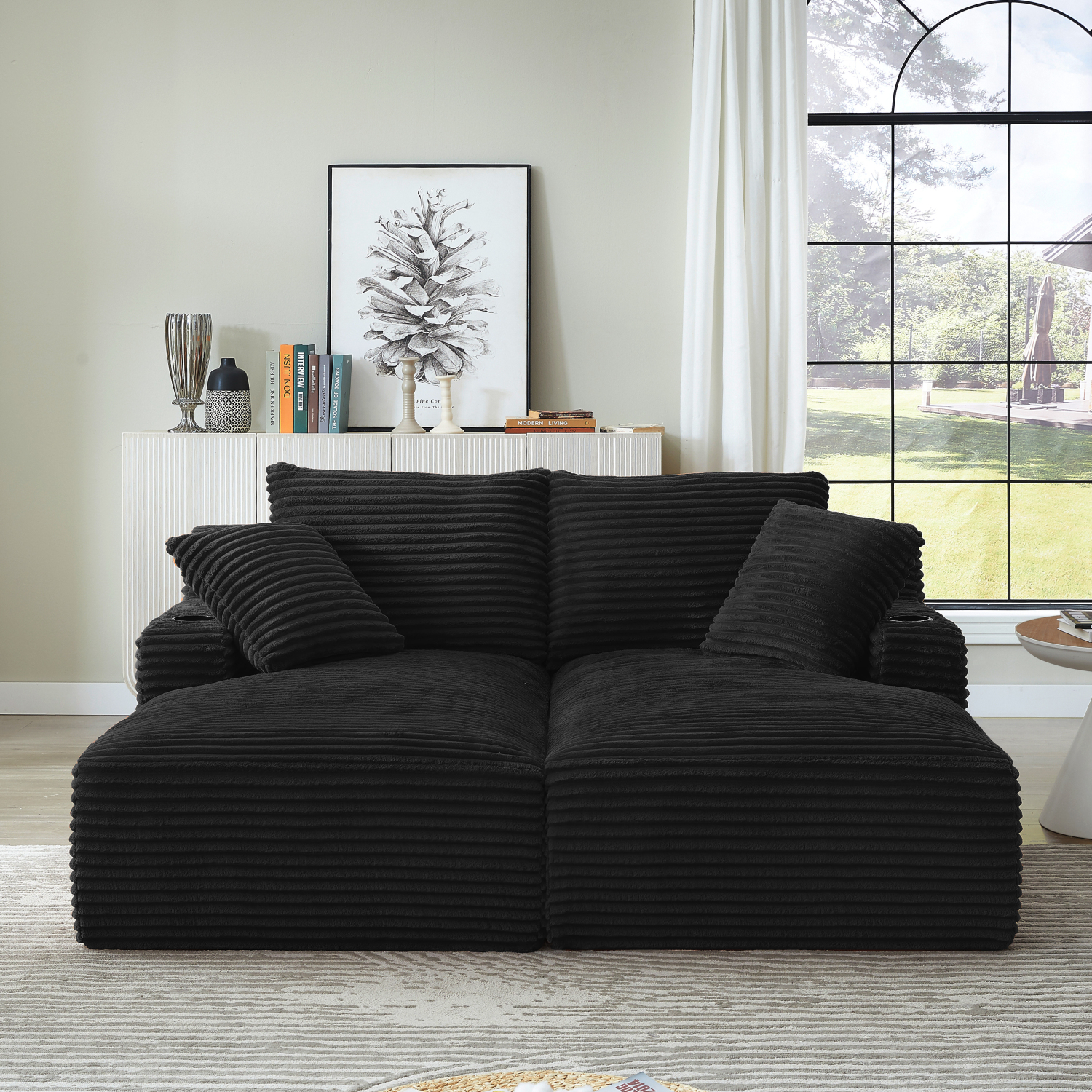 Lisonu Black Corduroy Double Chaise Sleeper Loveseat with Cupholders — No Assembly, Compressed Expandable Sofa with Spring Padding, Plush Modern Fluffy 2-Seat for Living Room & Bedroom