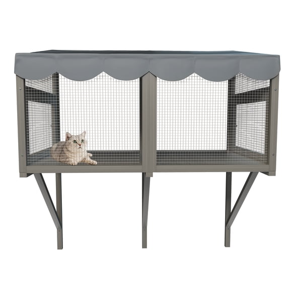 Lisonu Cat Window Box Enclosure for Indoor Cats, Large Wooden Catio Window Perch with Weatherproof Roof for Bird Watching, Gray