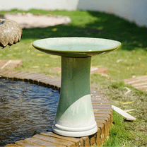 Lisonu Ceramic Bird Bath Outdoor, 17" Green Gradient Glaze Garden Water Feature, Handmade Pedestal Birdbath for Yard Patio & Wildlife, Weather Resistant