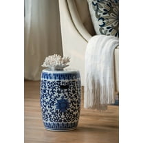 Lisonu Ceramic Garden Stool, Blue and White Porcelain Accent Side Table or Plant Stand, Indoor/Outdoor Decorative Stool for Patio and Living Room