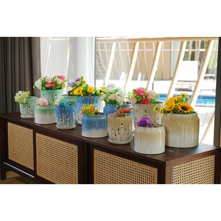 Lisonu Ceramic Planter Set of 2, 8-Inch Modern Striped Flower Pots with Drainage, Hand-Glazed Weather-Resistant Indoor Outdoor Garden Pots for Patio Decor, Brown and Antique White