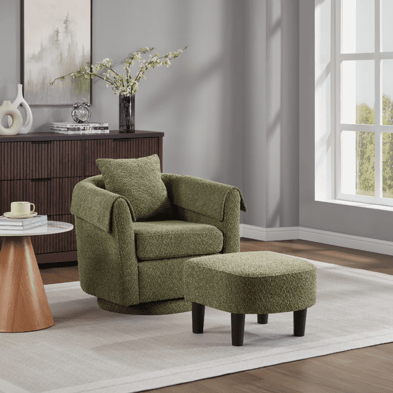 Lisonu Chenille Swivel Accent Chair with Ottoman Set, 360° Rotation Barrel Armchair with Removable Pillow, Green