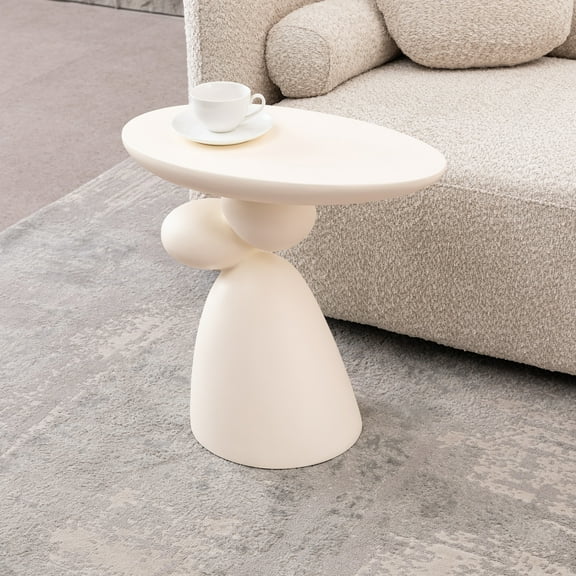 Lisonu Clearance Lucky Stone End Table - Milk White Fiberglass Side Table - Sculptural Oval Coffee Table - Modern Minimalist Accent Table for Living Room