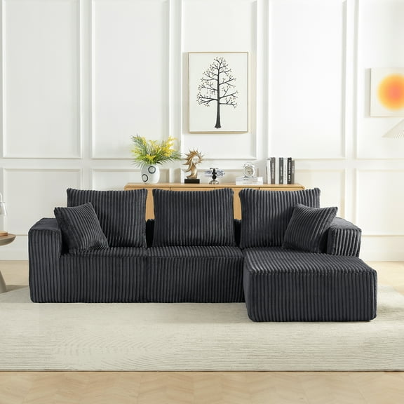 Lisonu Cloud Sectional Sofa, No-Assembly 4-Seater Corduroy Couch with Deep Seats, Modern Modular Sofa in a Box for Living Room, Dark Grey