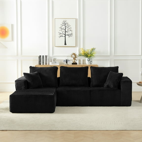 Lisonu Cloud Sectional Sofa with Left Chaise, No-Assembly 4-Seater Corduroy Couch, Deep Seat Modular Sofa for Living Room, Black