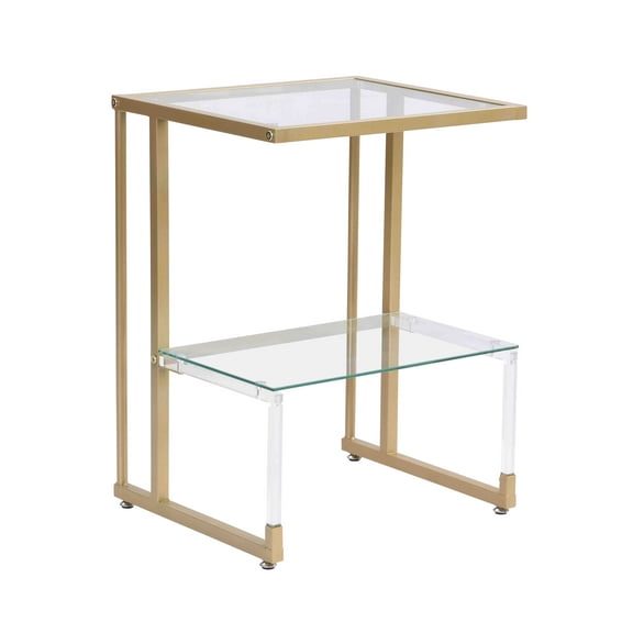 Lisonu Contemporary Golden Side Table, 2-Tier Acrylic Glass End Table for Living Room & Bedroom, Gold Metal Frame