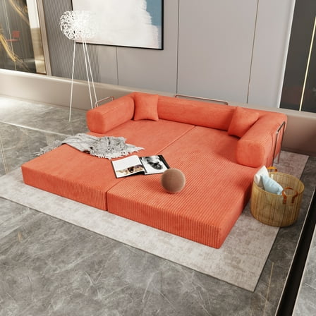 Lisonu Convertible Sofa Bed, Modern Loveseat Futon with Wide Arms and 2 Pillows, Corduroy Fabric Sleeper Sofa for Small Apartments & Living Rooms, Tangerine