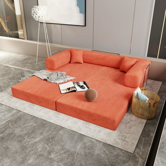 Lisonu Convertible Sofa Bed, Modern Loveseat Futon with Wide Arms and 2 Pillows, Corduroy Fabric Sleeper Sofa for Small Apartments & Living Rooms, Tangerine