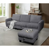Lisonu Corduroy Sofa and Ottoman Set with Storage, Sectional Living Room Couch with Lift Top Storage Compartments, Grey
