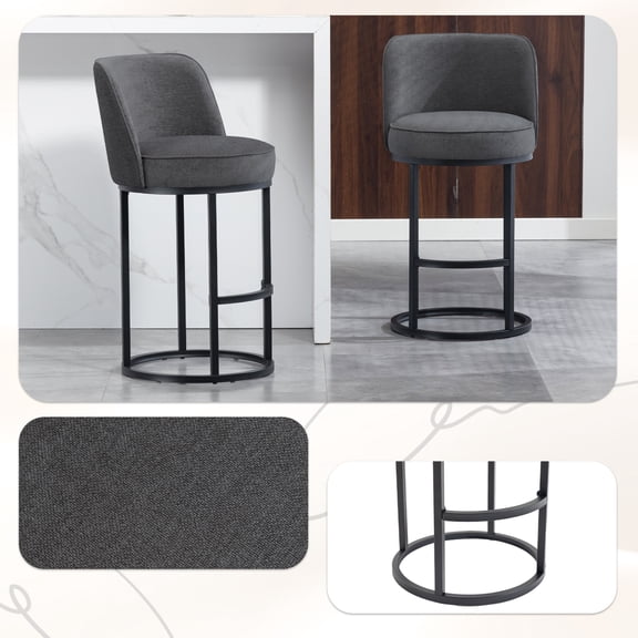 Lisonu Counter Height Bar Stools Set of 2 - Linen Upholstered Barrel Counter Stools with Back & Arms, 25in Seat Height, Black Iron Legs, Cushioned Modern Kitchen Island Seating